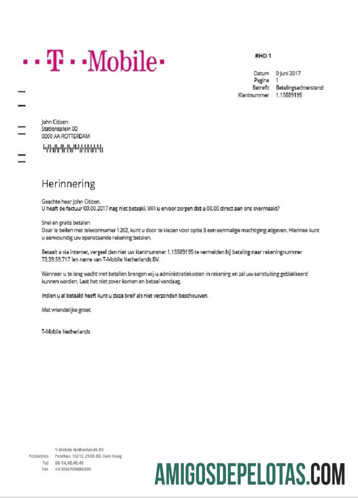 Em branco modelo de conta de serviços públicos móveis da Holanda T em formato Word e PDF